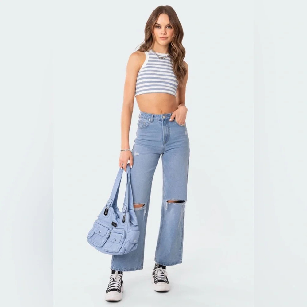 Edikted Blue White Striped Ribbed Cropped Racerback Tank Top Y2K Size S